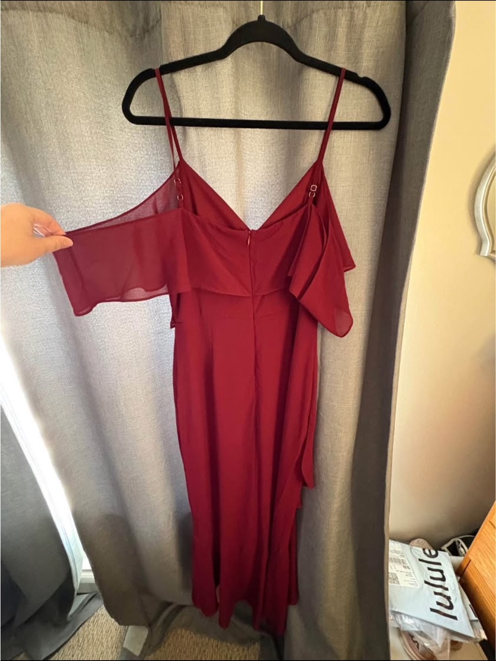 Lulu’s Off-Shoulder Burgundy High-Low Ruffle Dress - Picture 2 of 4